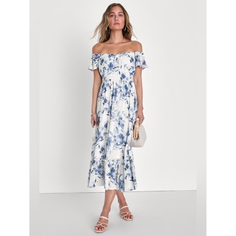 Lulus Delightfully Sweet White Floral Off-the-Shoulder Midi Dress Size XL Beach
